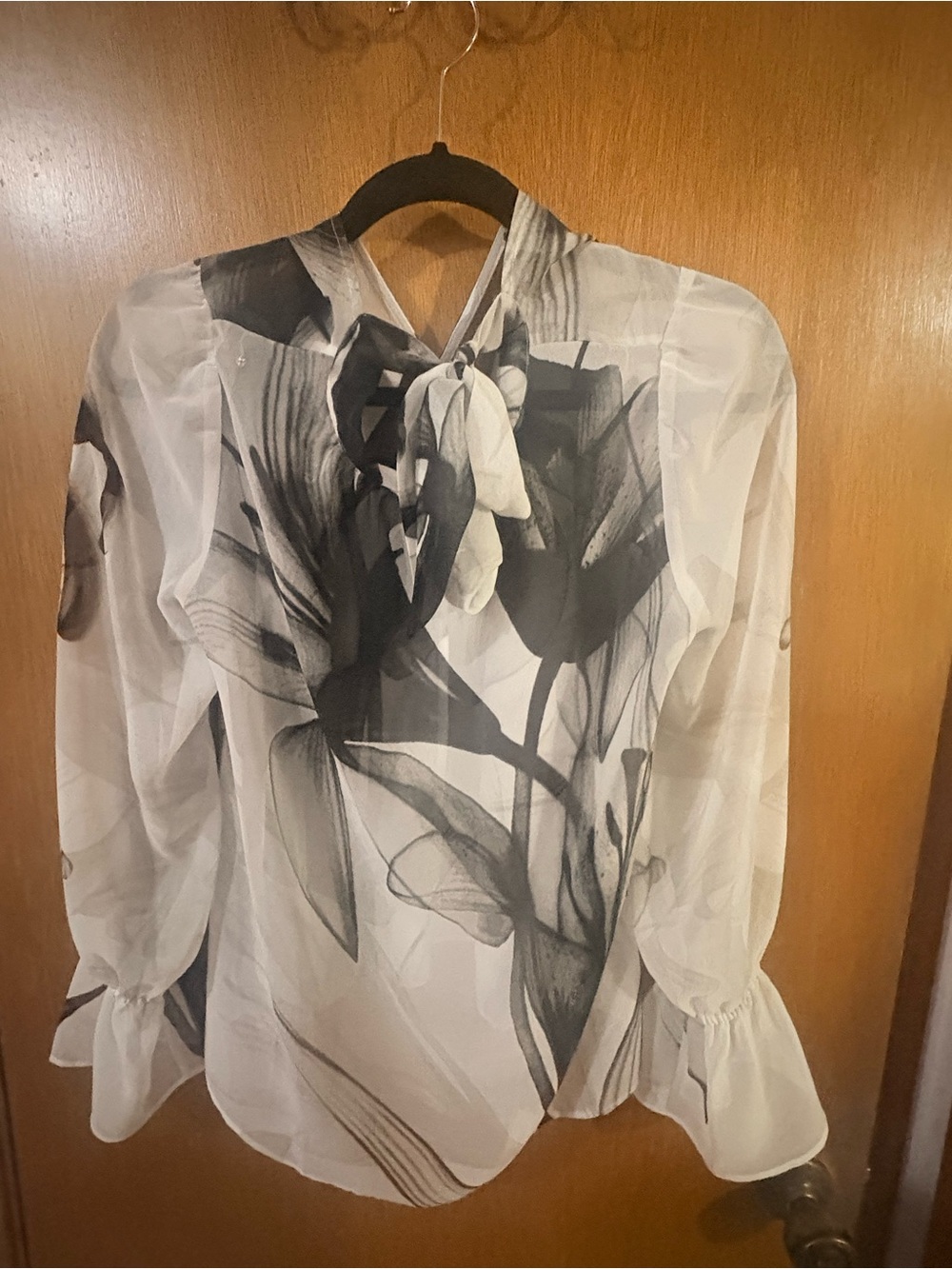 White House Black Market Black and White Sheer Floral Tie-Neck Blouse - Picture 4 of 5